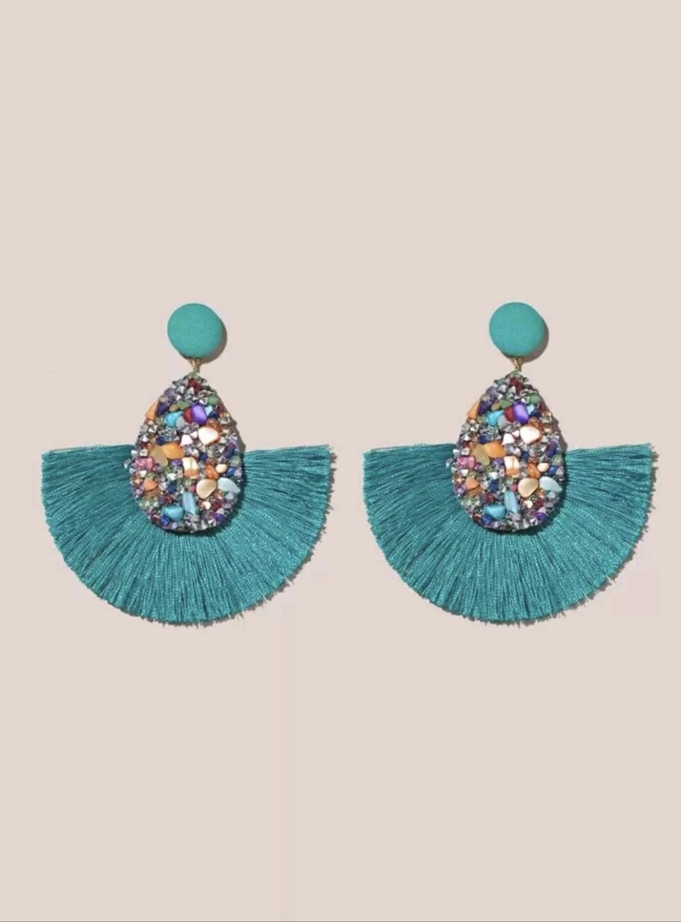 Teal Fan Tassel Drop Earrings with Multicolor Stones